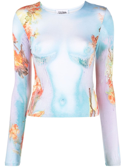 Jean Paul Gaultier Womens Blue Yellow Floral-print Slim-fit Stretch-woven Top