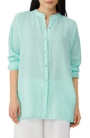 Eileen Fisher Band Collar Organic Linen Shirt In Aqua