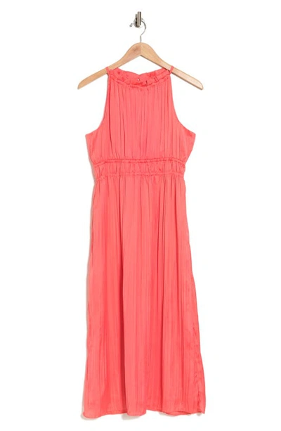 Anne Klein Pleated A-line Halter Dress In Coral Punch