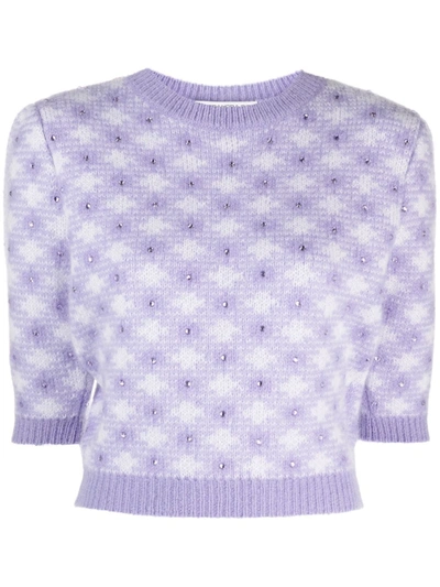 Alessandra Rich Check-pattern Rhinestone-embellished Knitted Top In Purple