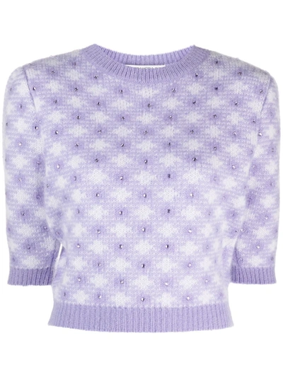 Alessandra Rich Check-pattern Rhinestone-embellished Knitted Top In Lilac