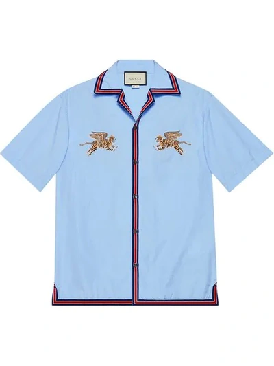 Gucci Flying Tiger-embroidered Regular-fit Cotton Shirt In Blue