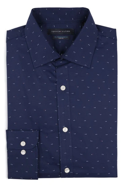 Tommy Hilfiger Microprint All-season Stretch Long Sleeve Slim Fit Button-up  Shirt In Navy Multi | ModeSens