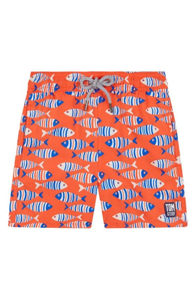 Tom & Teddy Kids' Fish Swim Trunks In Striped Orange