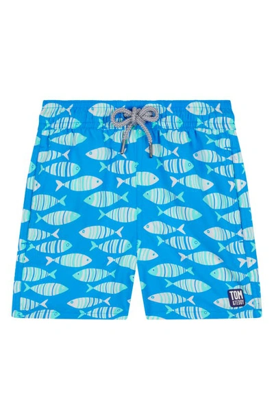 Tom & Teddy Kids' Little Boy's & Boy's Fish Print Swim Shorts In Striped Blue