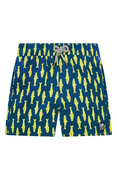 Tom & Teddy Kids' Sardines Swim Trunks In Navy & Yellow