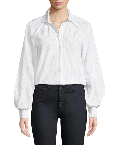 Victoria / Tomas Pinstripe Long-sleeve Button-down Blouse With Gathered Sleeves In Multi Pattern