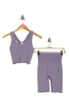 Yogalicious Hollywood Ribbed Seamless Ruffle Tank & Bike Shorts Set In Lavender Gray