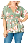 Kiyonna Encore Print Faux Wrap Top In Sage Garden Print