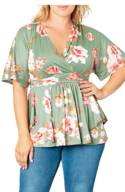 Kiyonna Encore Print Faux Wrap Top In Sage Garden Print