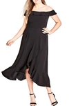 City Chic Off The Shoulder Ruffle High/low Dress In Black