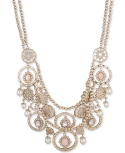 Marchesa Gold-tone Stone, Imitation Pearl And Pave Multi-row Statement Necklace, 16" + 3" Extender In Gold/ Blush Multi