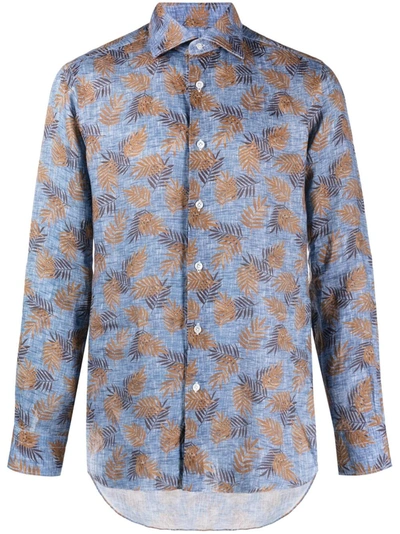 Barba Leaf-print Linen Shirt In Blue