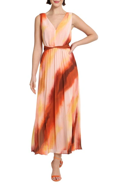 Donna Morgan For Maggy Pleated Ombré Stripe Sleeveless Midi Dress In Soft Creme/ Rust