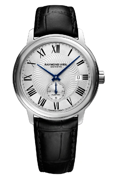 Raymond Weil Maestro Automatic Leather Strap Watch, 40mm In Black/ Silver