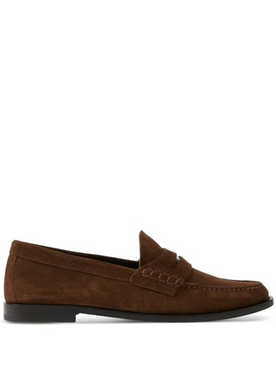 Burberry Coin Detail Suede Penny Loafers In Brown