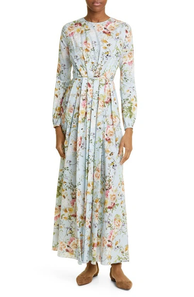 Adam Lippes Floral Print Cotton Voile Dress In Blue