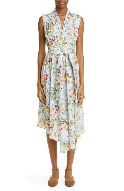 Adam Lippes Floral Print Asymmetric Hem Sleeveless Dress In Blue