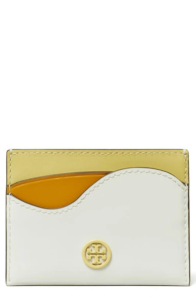 Tory Burch Robinson Colorblock Spazzolato Leather Card Case In Optic White / Carambola