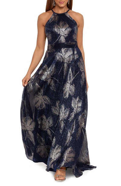 Betsy & Adam Metallic Sleeveless Gown In Navy/ Gun