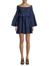 Free People Counting Daisies Embroidered Off-the-shoulder Mini Dress In Blue Red