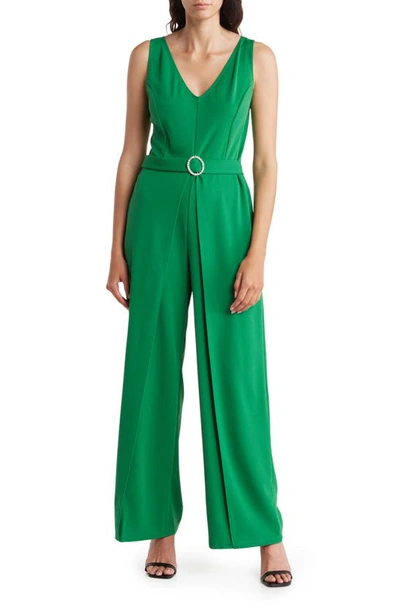 Marina Sleeveless Belted Crepe Jumpsuit In Green
