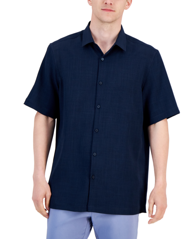 Alfani Men's Short-sleeve Solid Textured Shirt, Created For Macy's In Neo Navy