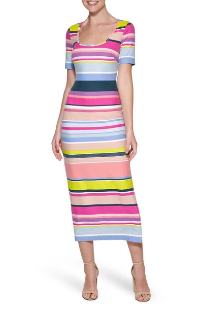 Guess Striped Short Sleeve Midi Dress In Pink Multi Stripe