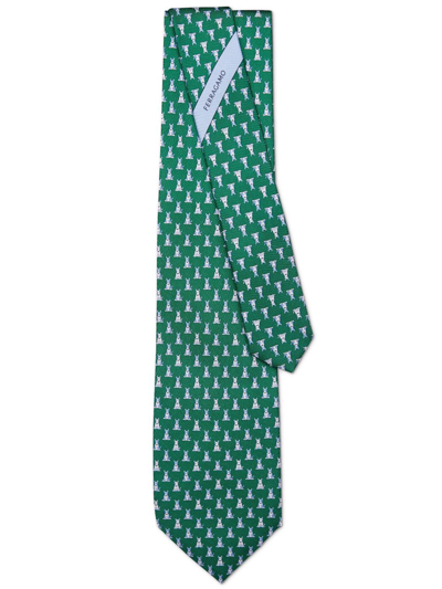 Ferragamo Terrier Print Silk Tie In Green