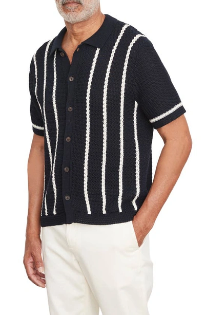 Vince Crochet Stripe Short Sleeve Cotton Button-up Polo Sweater In Coastal Bone