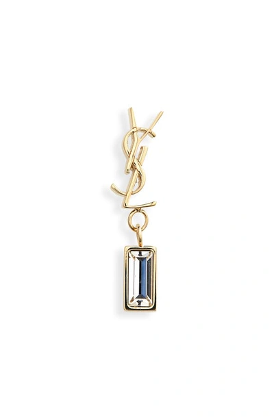 Saint Laurent Ysl Crystal Baguette Single Drop Earring In Dore/ Crystal