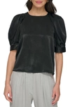 Dkny Puff Sleeve Satin Blouse In Black