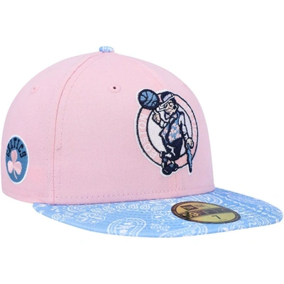 New Era Men's  Pink, Light Blue Boston Celtics Paisley Visor 59fifty Fitted Hat In Pink,light Blue