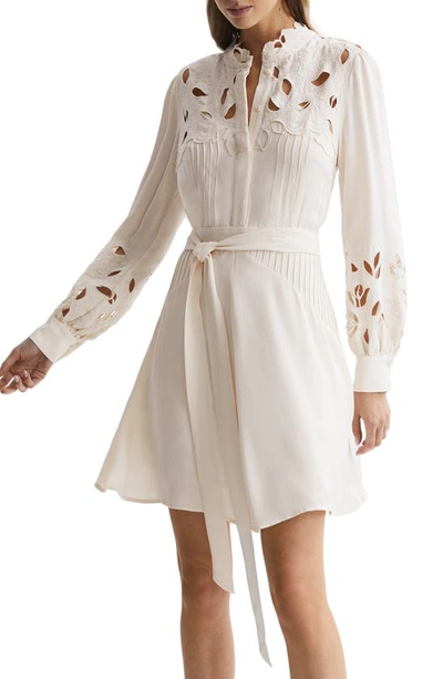 Reiss Clara Lace Cut-out Tied-waist Woven Mini Dress In Ivory