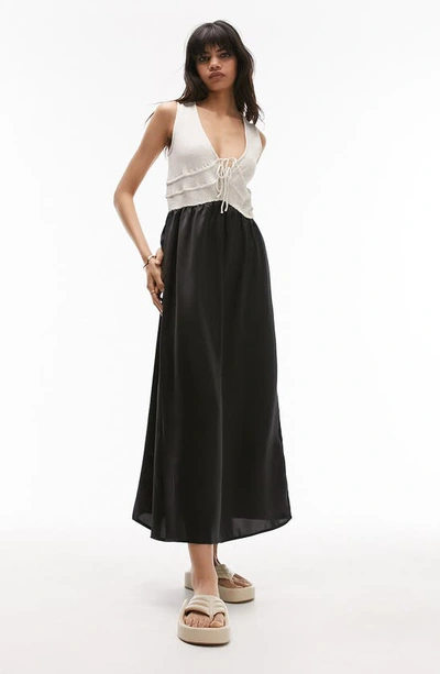 Topshop Drawstring Mixed Media Maxi Dress In Black | ModeSens