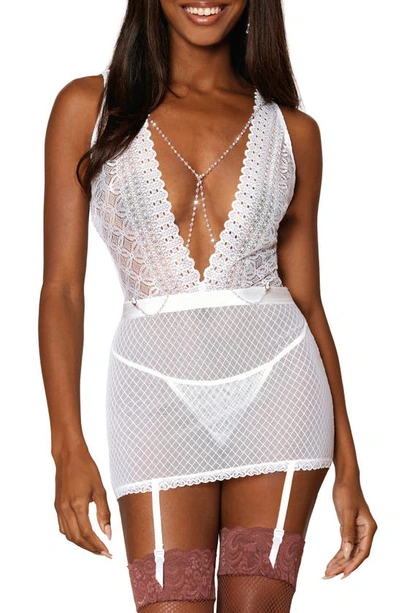 Dreamgirl Plunge Chemise With Attached Garter Straps & G-string Thong In White