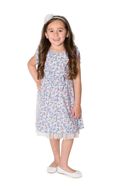 Popatu Kids' Floral Flutter Sleeve Bow Dress In Blue