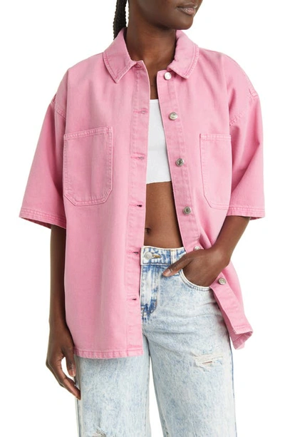 Topshop Oversize Denim Shirt Jacket In Bright Pink