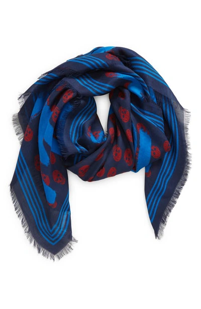 Alexander Mcqueen Graffiti Logo Skull Print Modal Biker Scarf In Navy/bordeaux