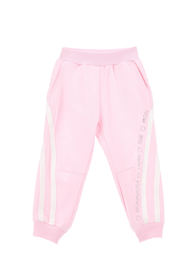 Monnalisa Kids' Rhinestone Cotton Track Pants In Pink + White