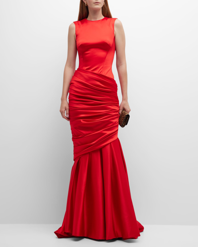 Rasario Sleeveless Draped Satin Mermaid Gown With Train In Red