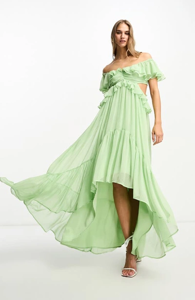 Asos Design Ruffle Cut Out Off The Shoulder Maxi Dress With Hi Low Hem In Sage Green