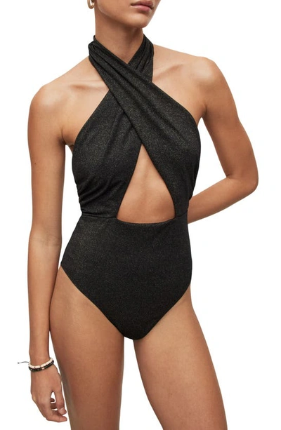 Allsaints Eleanor Shimmer One Piece Swimsuit In Black Gold