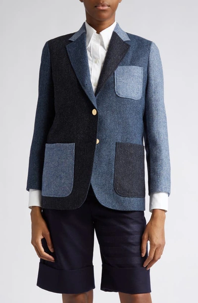 Thom Browne Patchwork Donegal Tweed Blazer In Navy