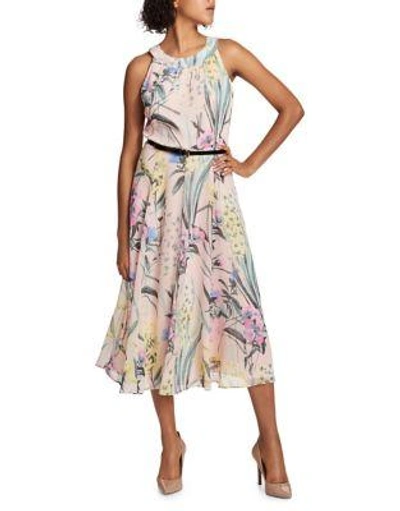 Tommy Hilfiger Belted Floral-print Midi Dress In Powder Multi