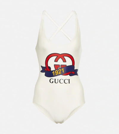 Gucci Logo亮面弹力平纹针织泳衣 In White