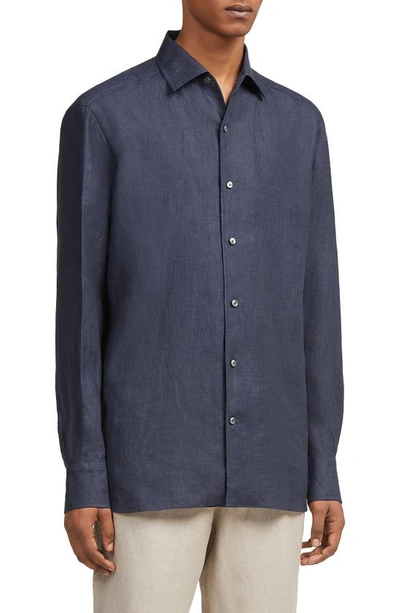 Zegna Luxury Linen Button-up Shirt In Dark Blue
