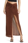 Topshop Slinky Twist Front Maxi Skirt In Chocolate-brown