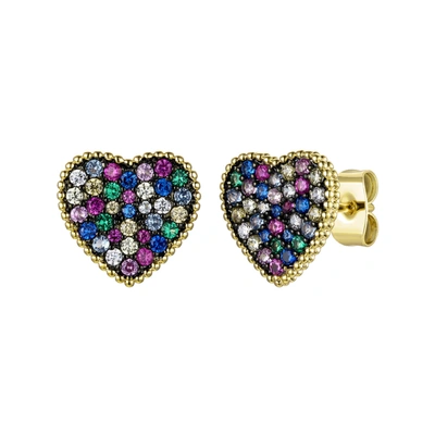 Rachel Glauber Rg 14k Gold Plated With Multi-colored Gemstone Cubic Zirconia Pave Heart Stud Earrings