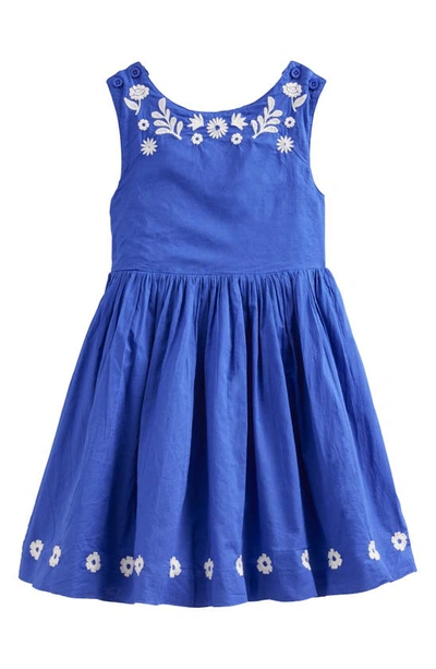 Mini Boden Kids' Embroidered Crisscross Dress In Bluing Blue